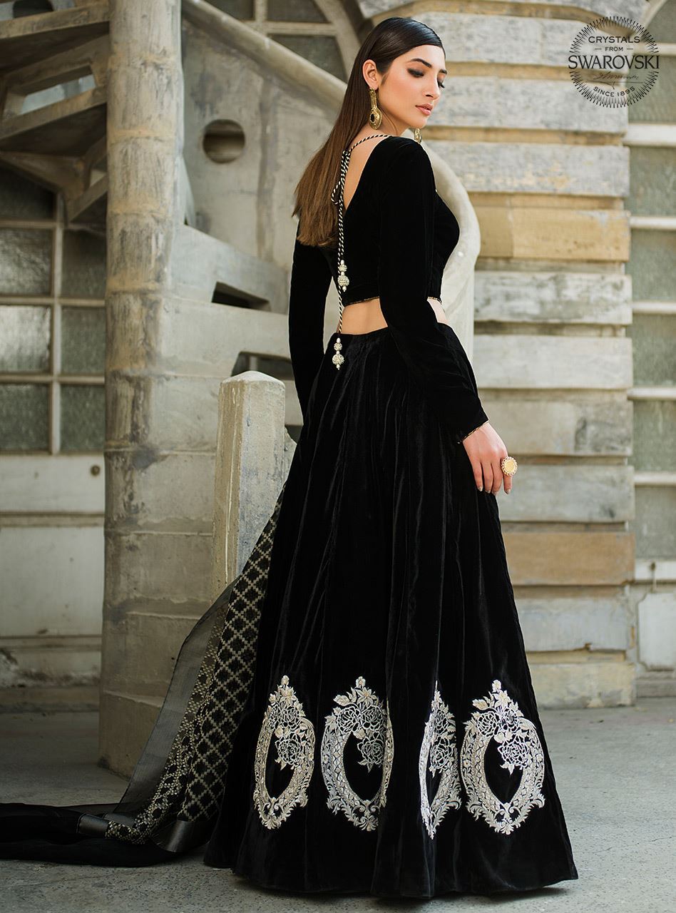 Pakistani Black Embellished Velvet Choli Sharara (3-Piece) - Image 4