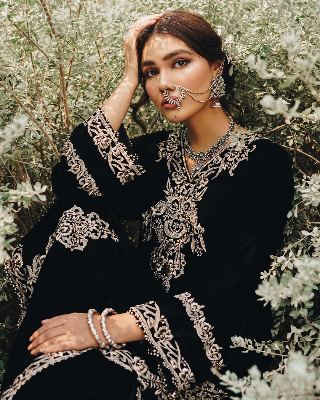 Pakistani Jet Black Embroidered Velvet Sharara (3-Piece) - Image 3