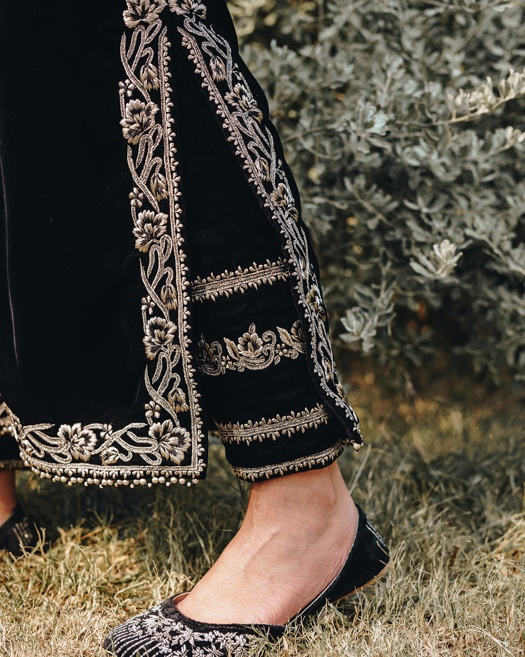 Pakistani Jet Black Embroidered Velvet Sharara (3-Piece) - Image 5
