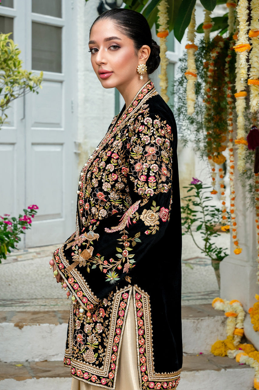 Pakistani Black Zardozi Velvet Short Jacket Sharara (2-Piece) - Image 3