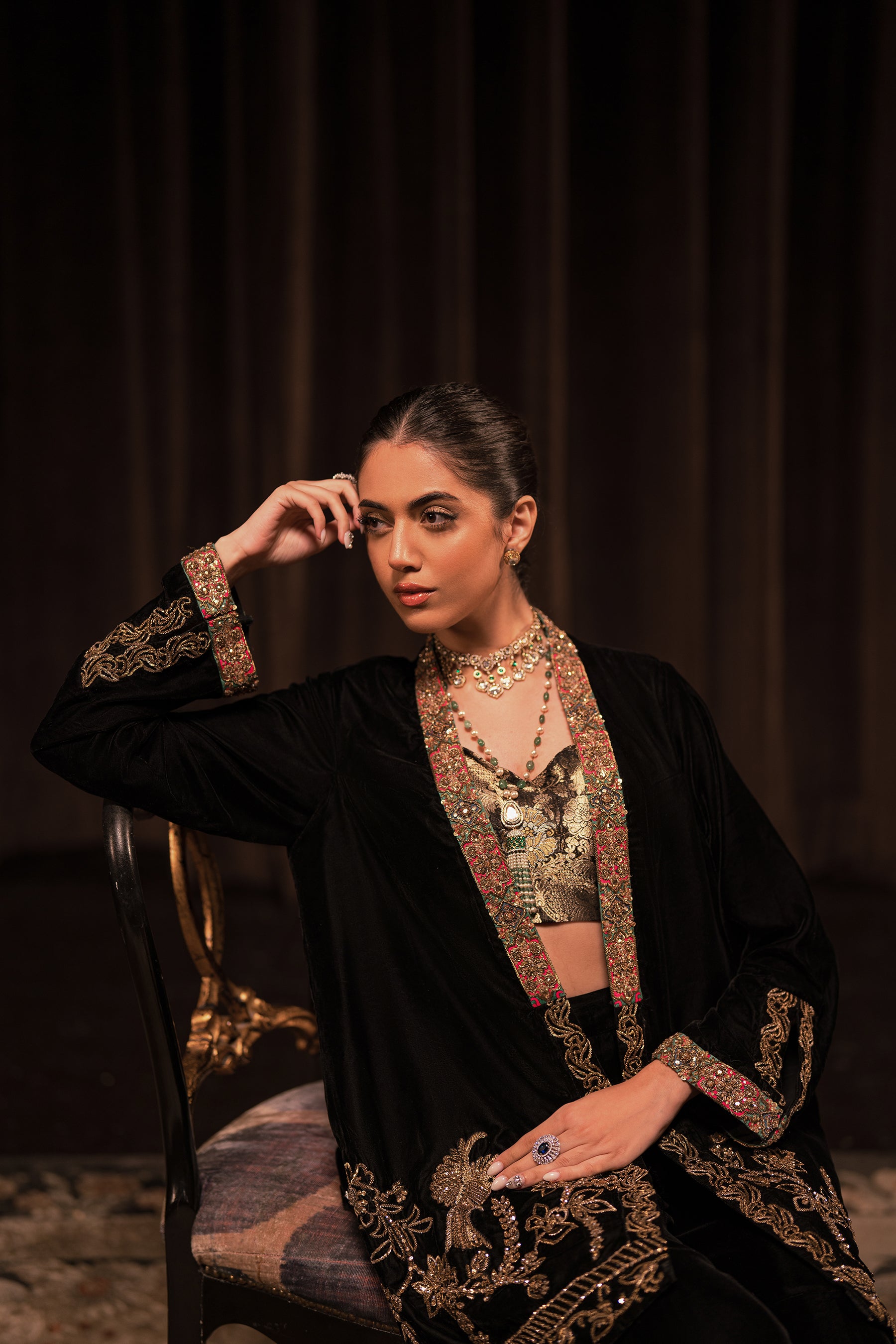 Pakistani Black Zardozi Velvet Jamavar Sharara (3-Piece) - Image 6