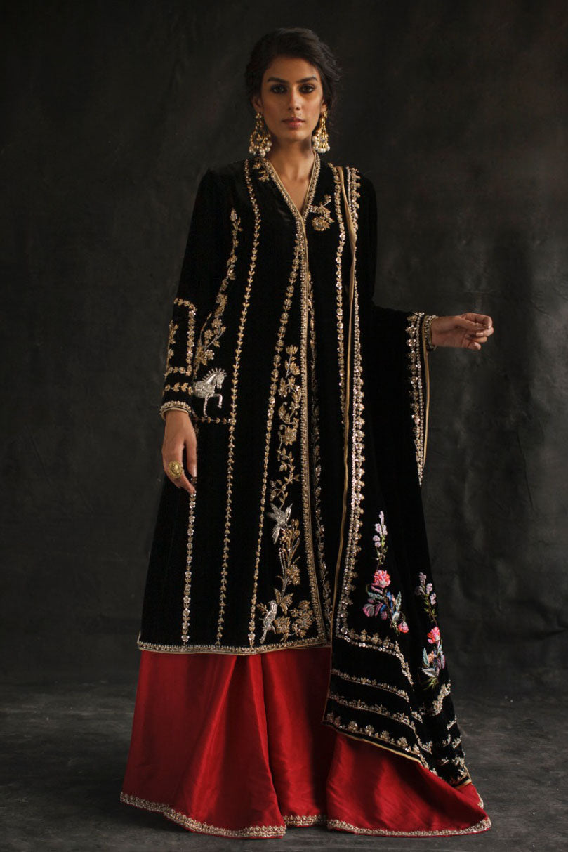 Black Zardozi Velvet & Silk Sharara (3-Piece) - Image 1