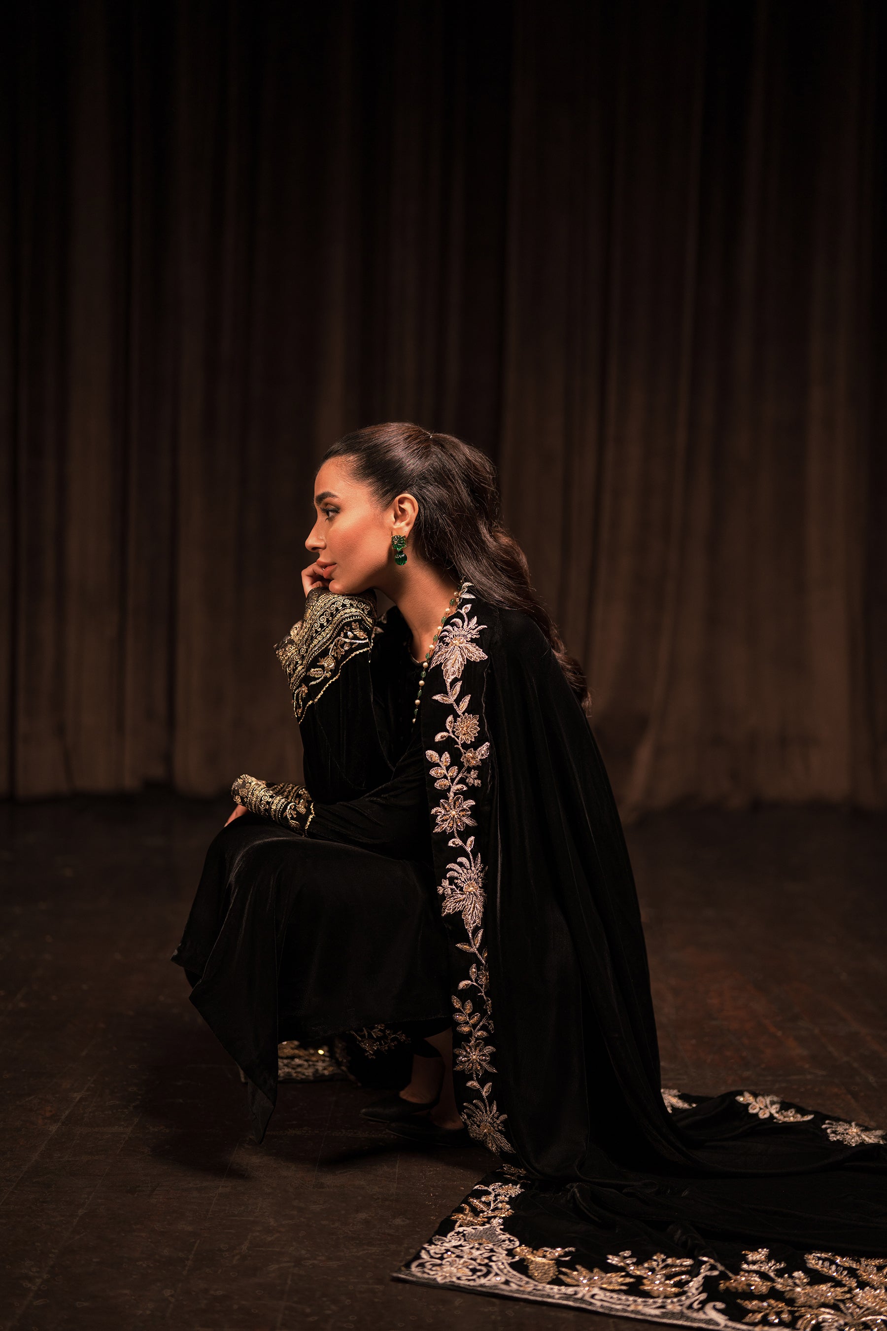 Black Embroidered Velvet Shawl (1-Pc) - Image 3