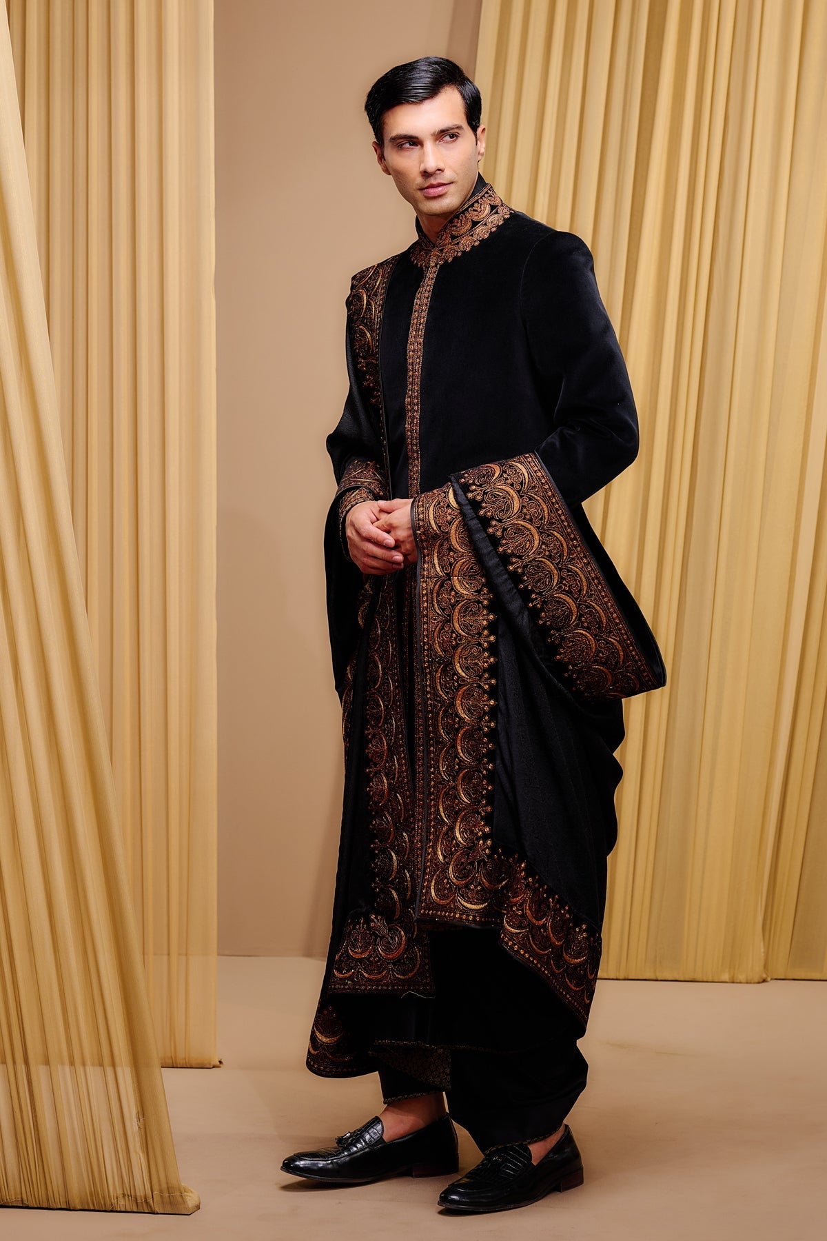 Black Antique Marori Embroidered Cotton Velvet Sherwani (3-Piece) - Image 2