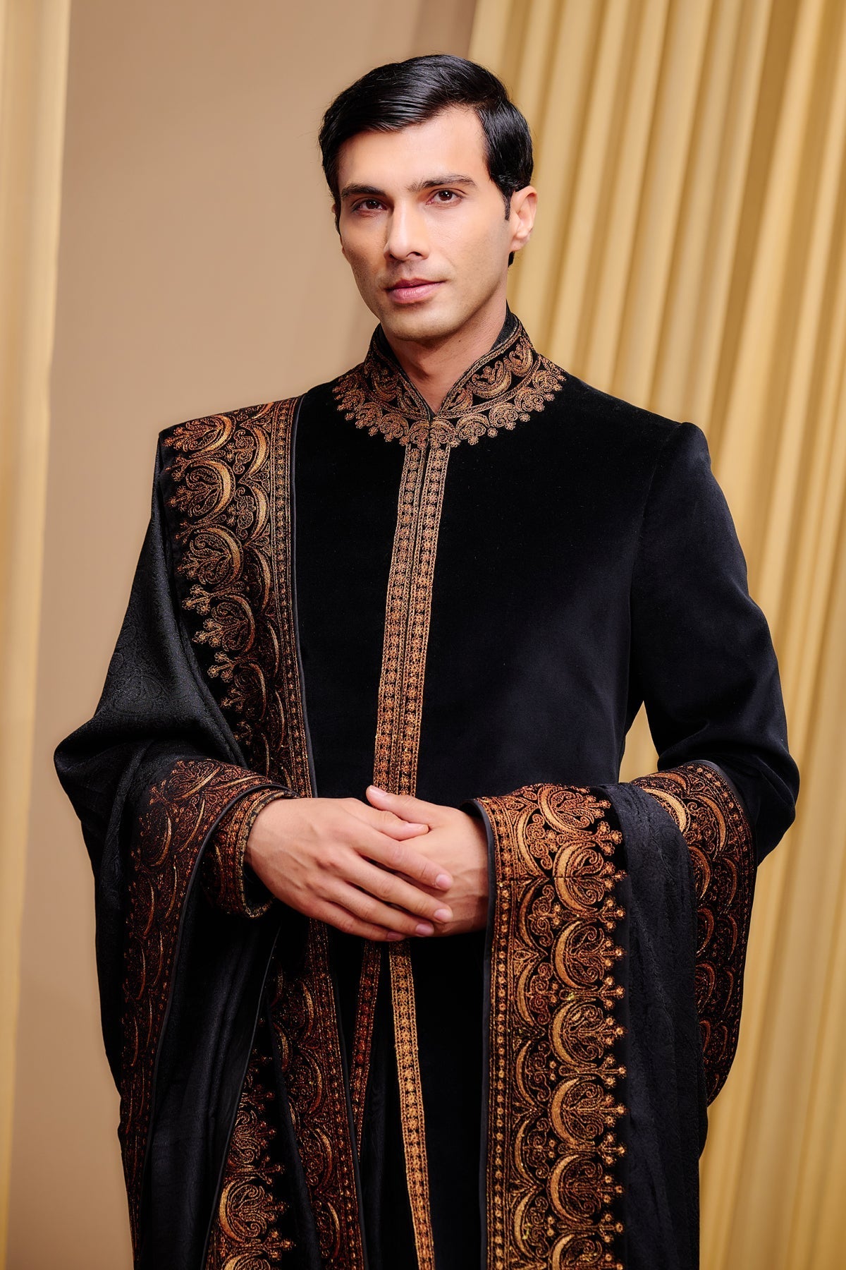Black Antique Marori Embroidered Cotton Velvet Sherwani (3-Piece) - Image 3