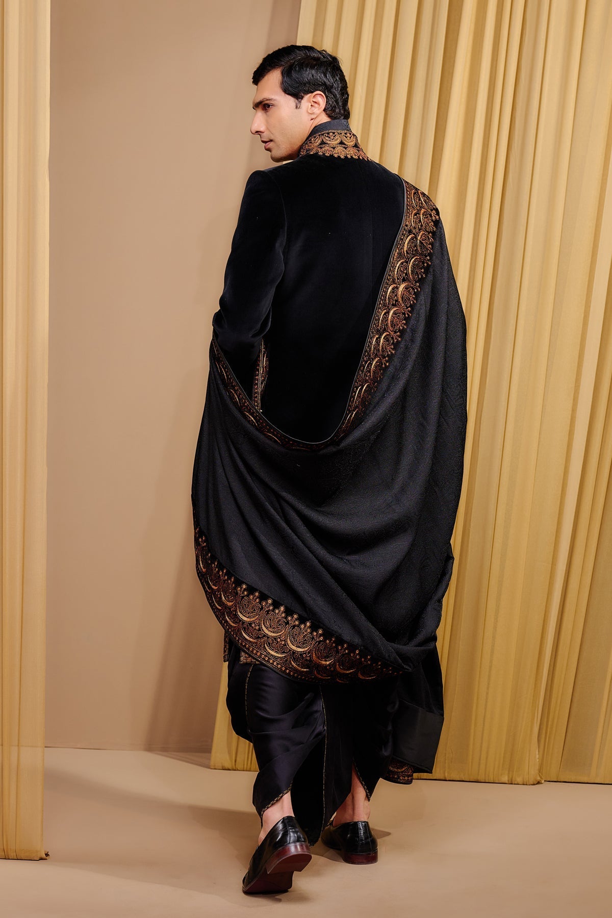 Black Antique Marori Embroidered Cotton Velvet Sherwani (3-Piece) - Image 4
