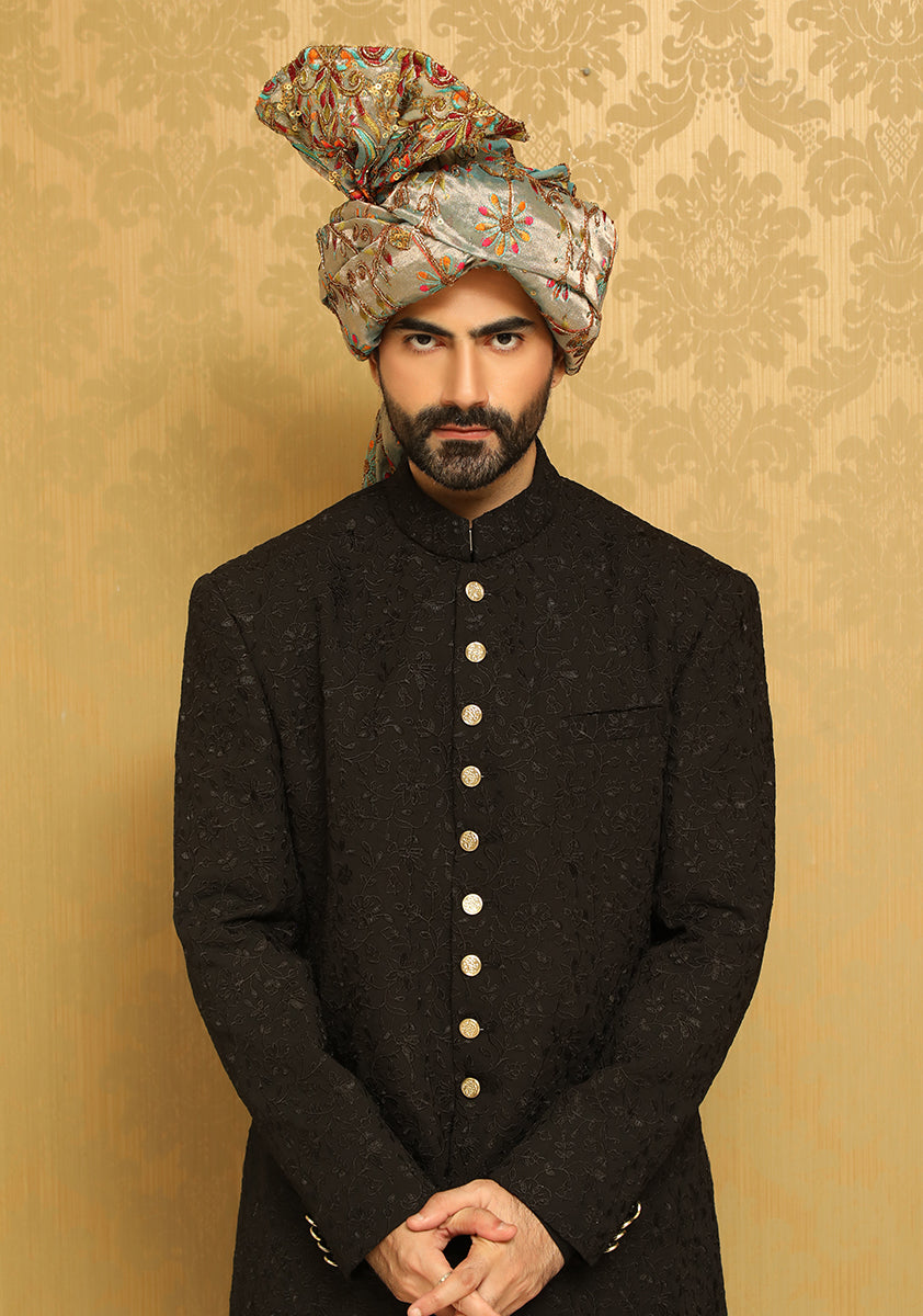 Black Embroidered Georgette Groom Sherwani (3-Piece) - Image 1