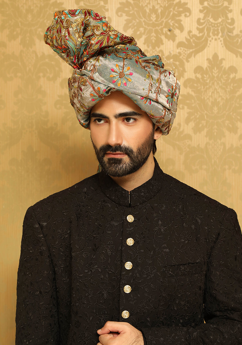 Black Embroidered Georgette Groom Sherwani (3-Piece) - Image 2