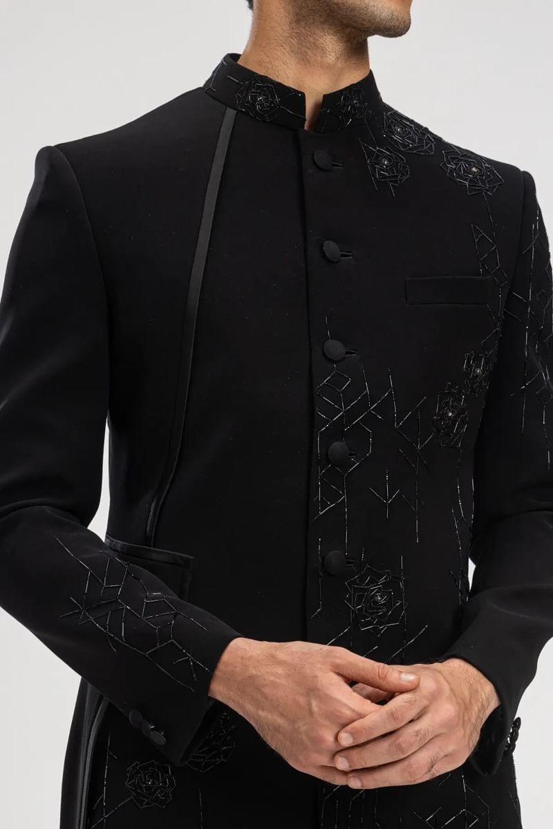 Black Cutdana Bead Embroidered Italian Sherwani (2-Piece) - Image 2