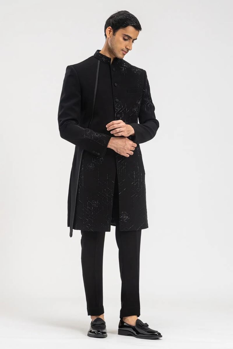 Black Cutdana Bead Embroidered Italian Sherwani (2-Piece) - Image 3