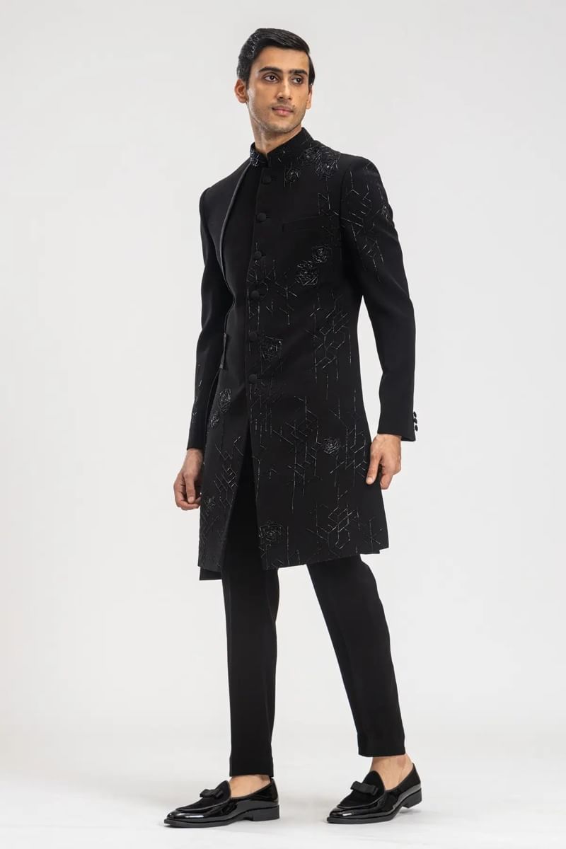 Black Cutdana Bead Embroidered Italian Sherwani (2-Piece) - Image 4