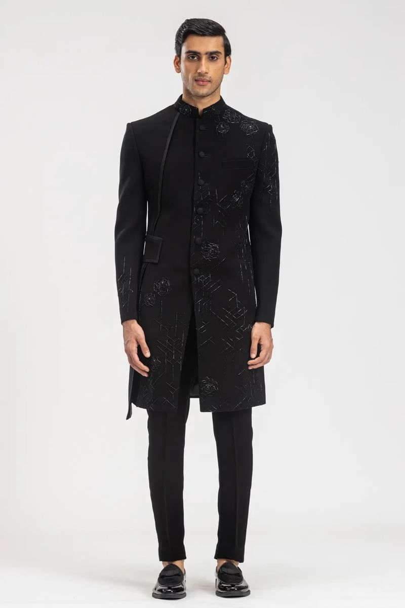 Black Cutdana Bead Embroidered Italian Sherwani (2-Piece) - Image 5