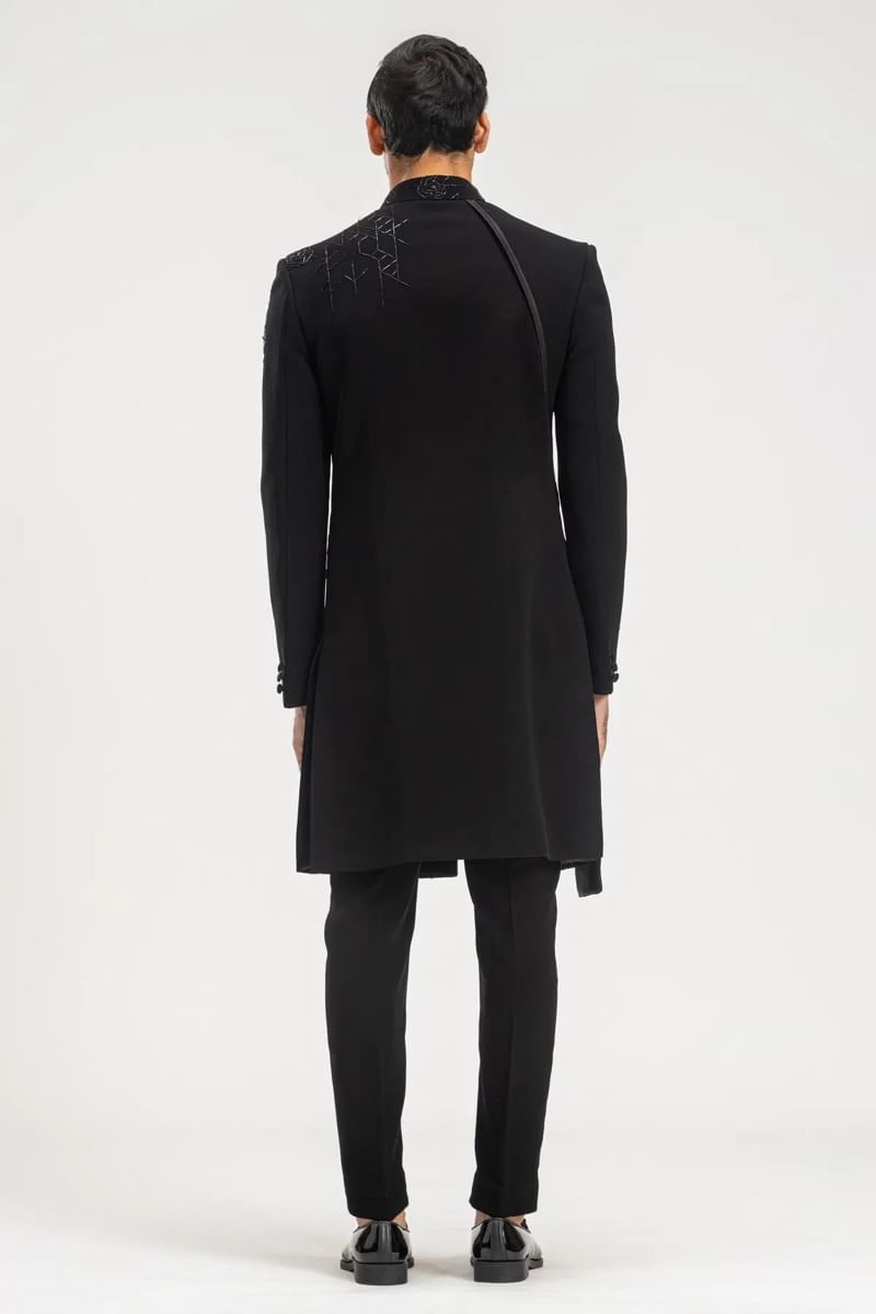 Black Cutdana Bead Embroidered Italian Sherwani (2-Piece) - Image 6