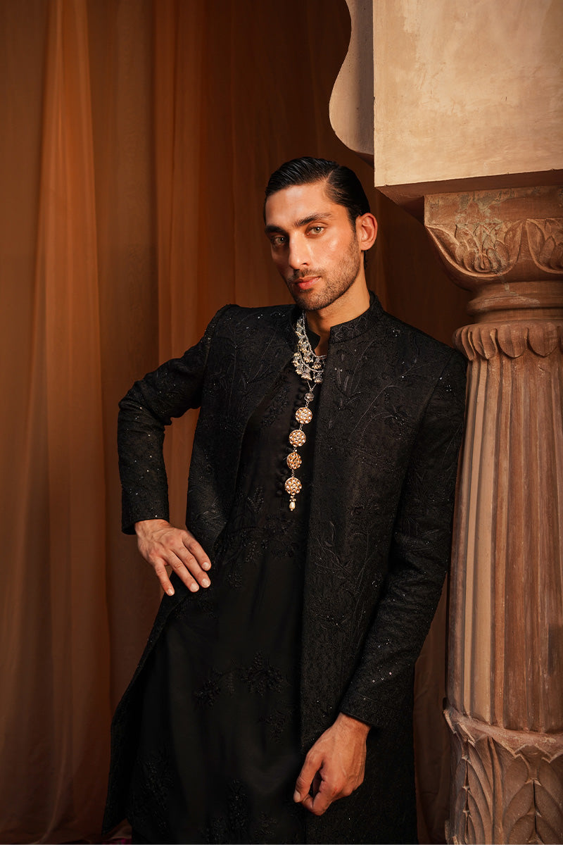 Black Jacquard Sherwani with Resham & Sequin Embroidery (3-Piece) - Image 4