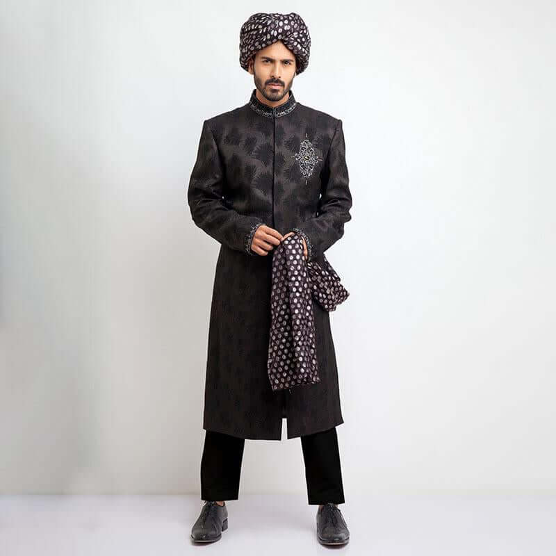 Black Zardozi Embroidered Jacquard Sherwani (3-Piece) - Image 1