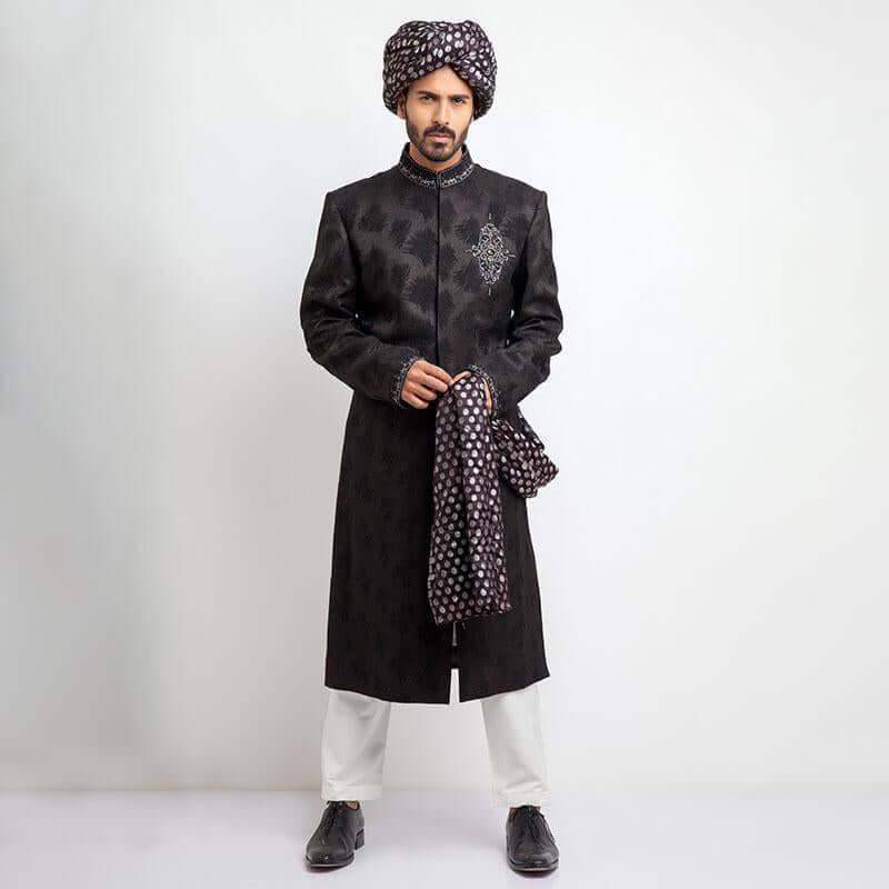 Black Zardozi Embroidered Jacquard Sherwani (3-Piece) - Image 3