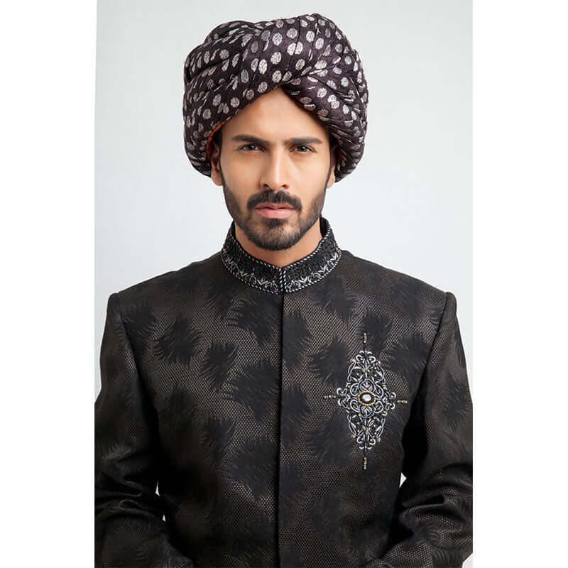 Black Zardozi Embroidered Jacquard Sherwani (3-Piece) - Image 5