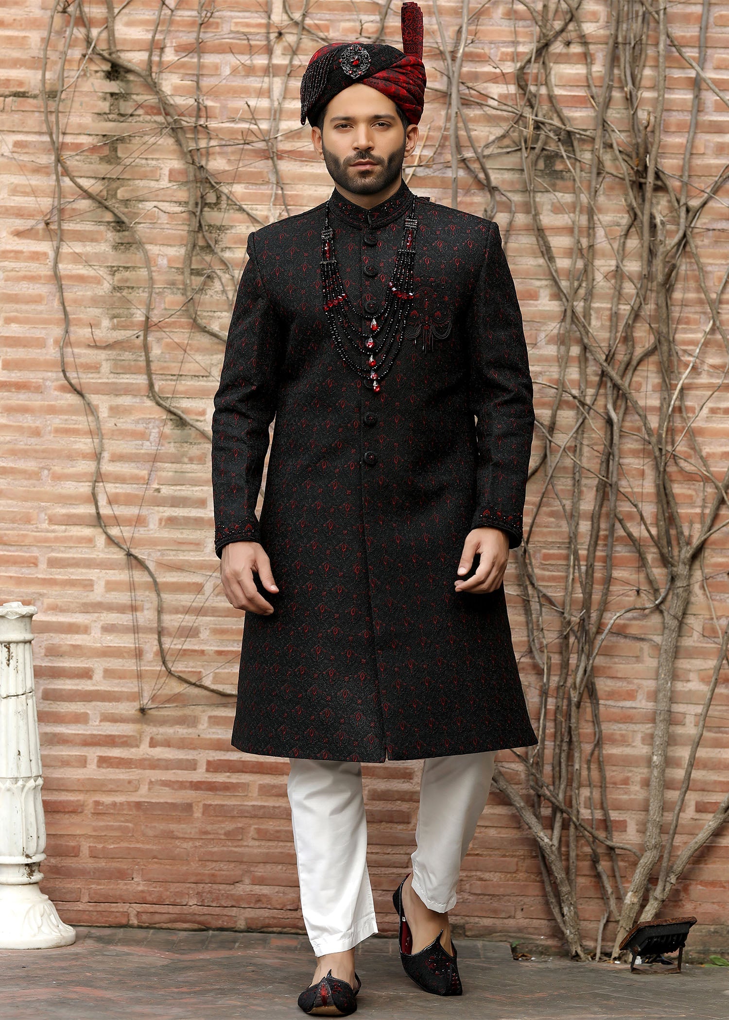 Black Hand-Embroidered Jamawar Sherwani (4-Piece) - Image 1