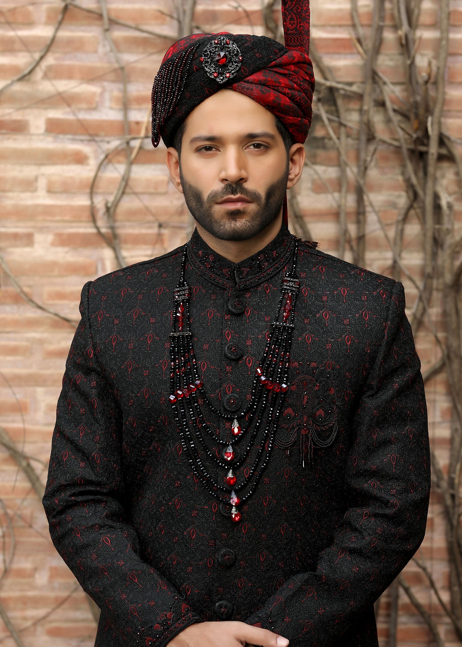 Black Hand-Embroidered Jamawar Sherwani (4-Piece) - Image 2