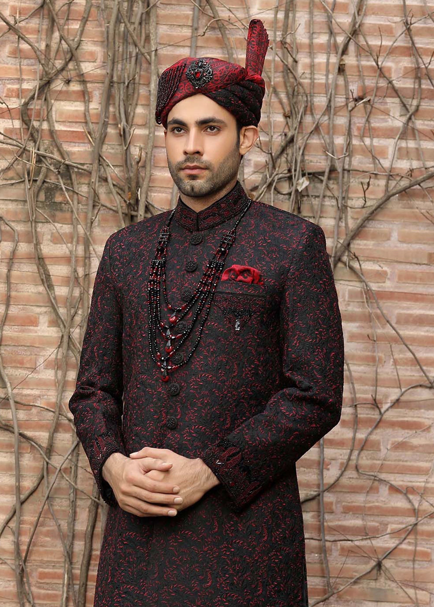 Black Hand-Embroidered Jamawar Sherwani (4-Piece) - Image 4