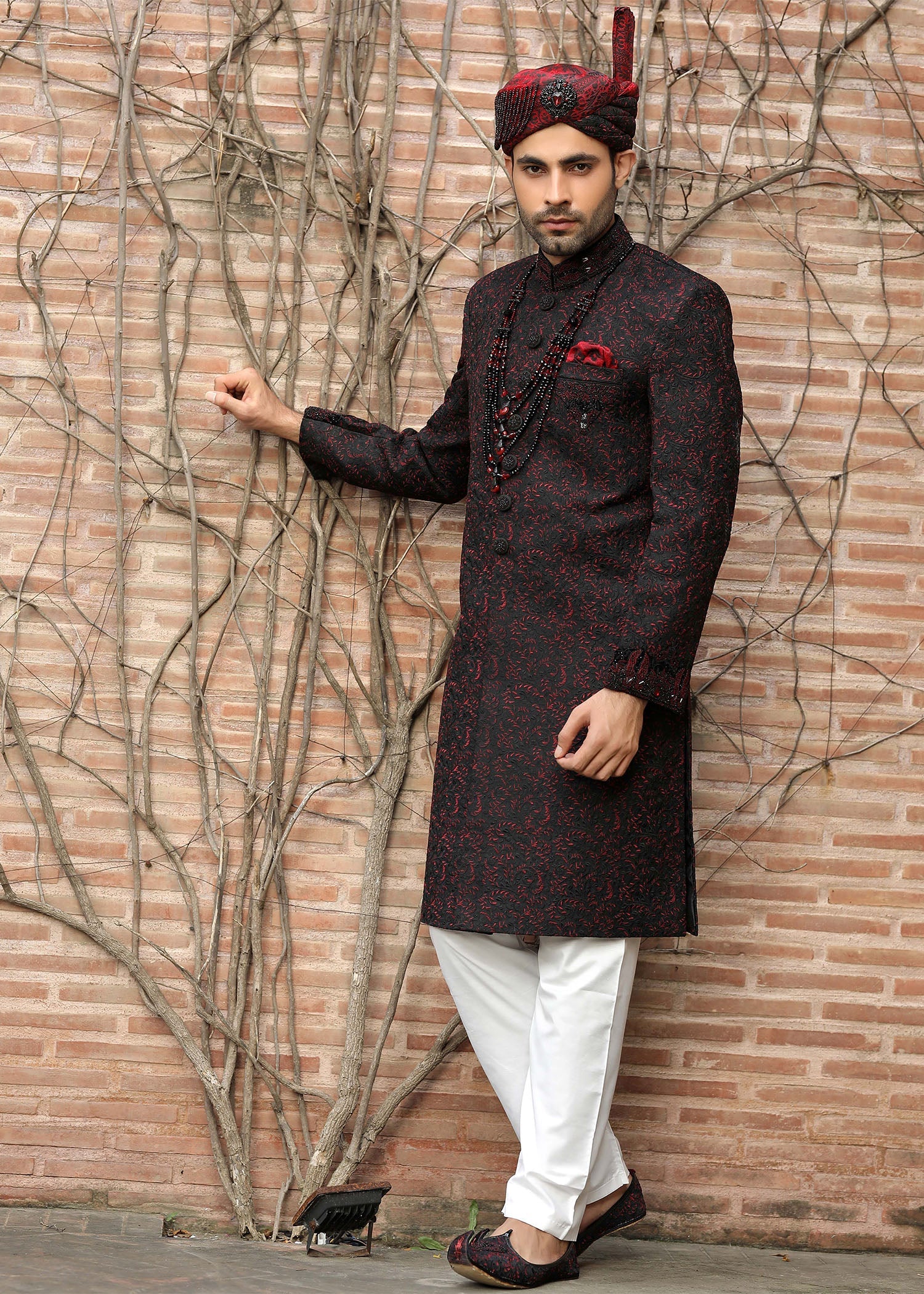 Black Hand-Embroidered Jamawar Sherwani (4-Piece) - Image 5