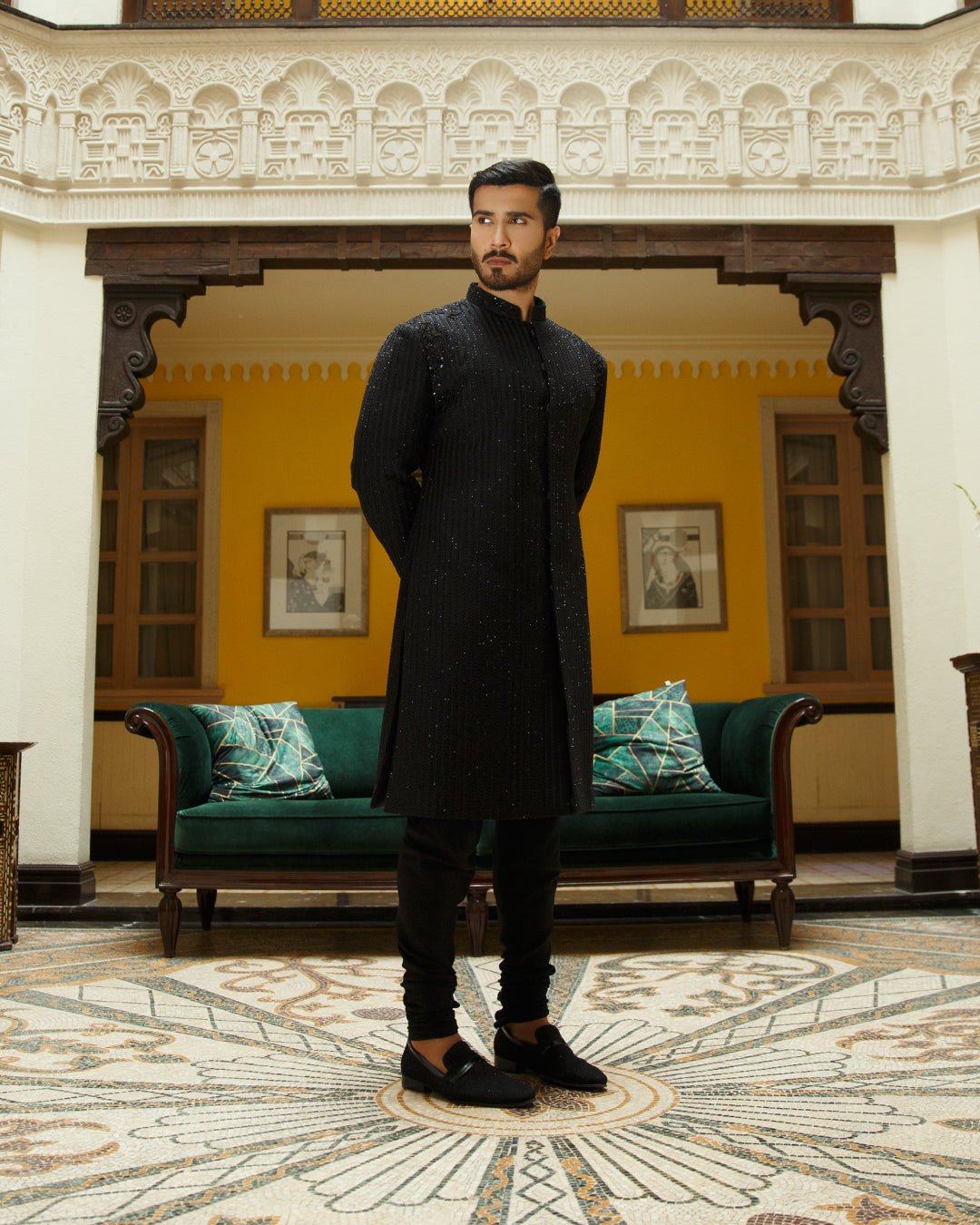 Black Embroidered Karandi Sherwani (2-Piece) - Image 3