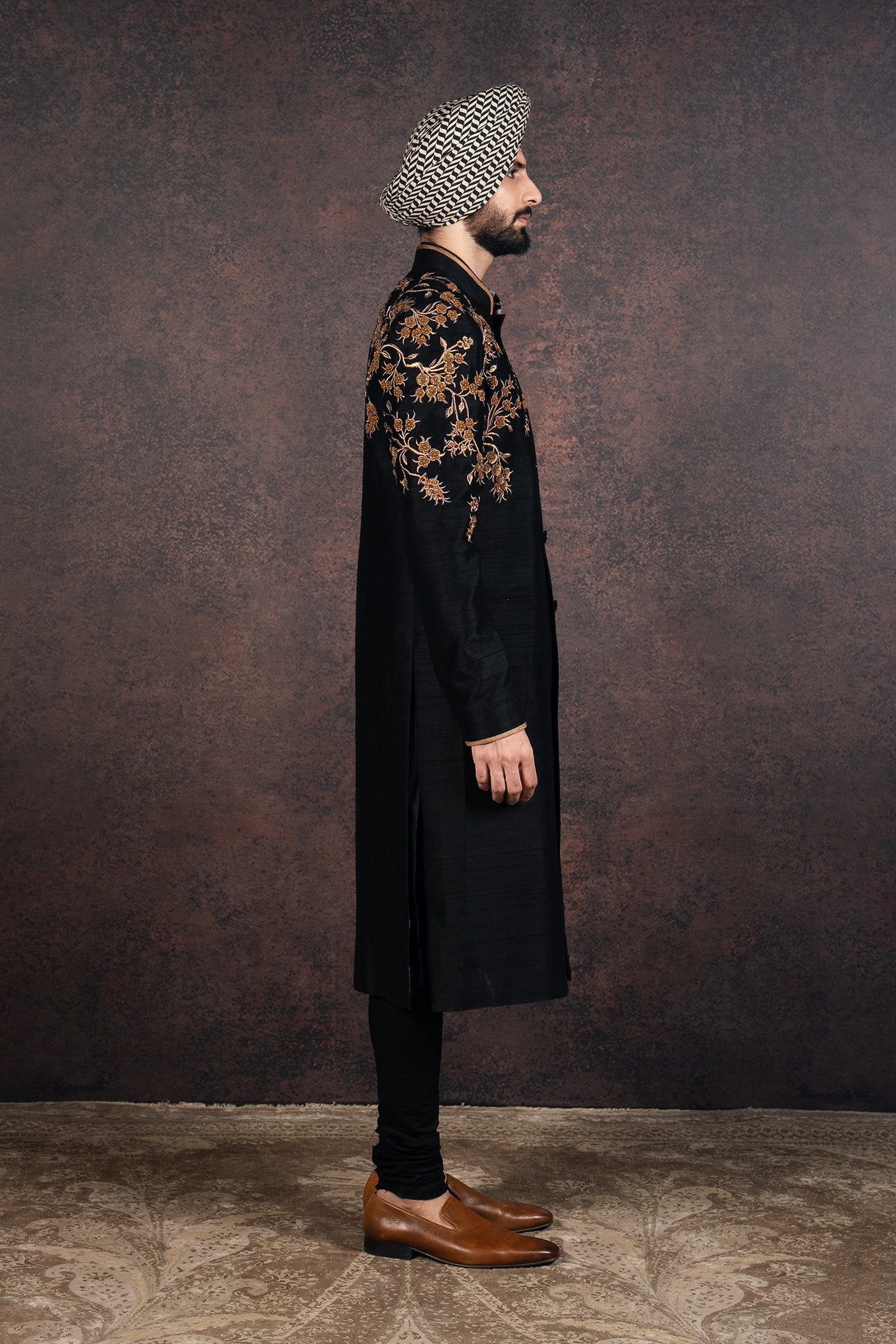 Black Silk Sherwani with Antique Gold Embroidery (3-Piece) - Image 2