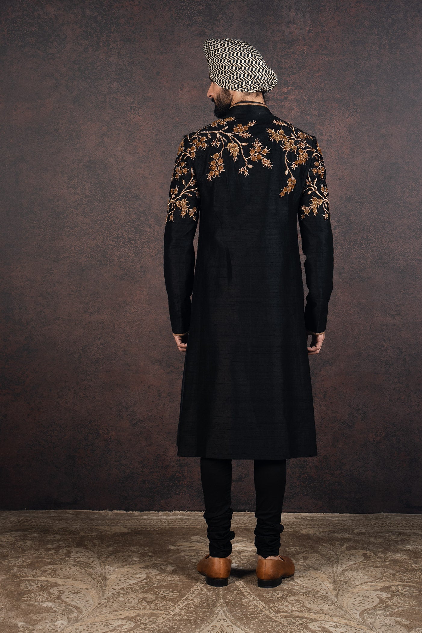 Black Silk Sherwani with Antique Gold Embroidery (3-Piece) - Image 3