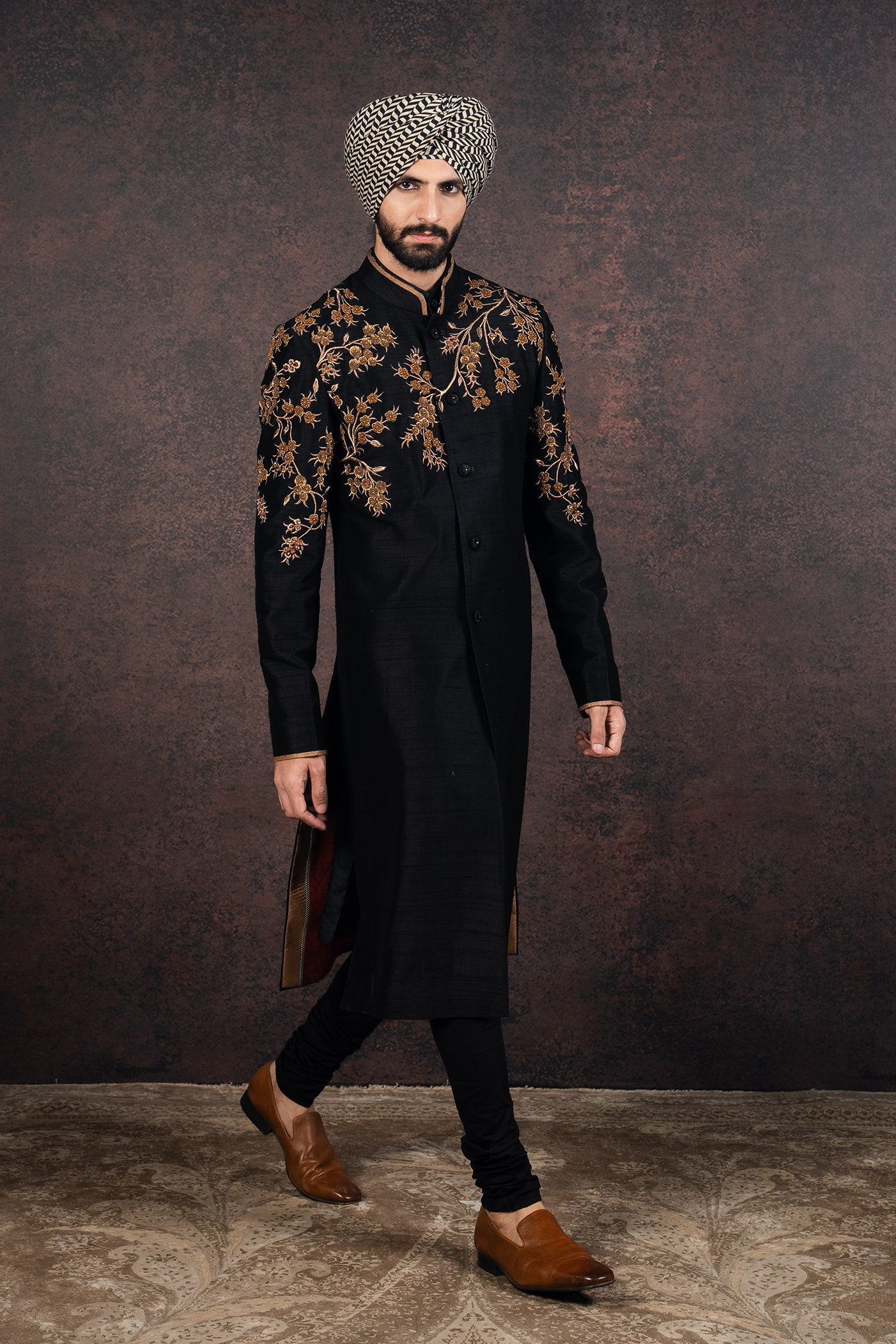 Black Silk Sherwani with Antique Gold Embroidery (3-Piece) - Image 4