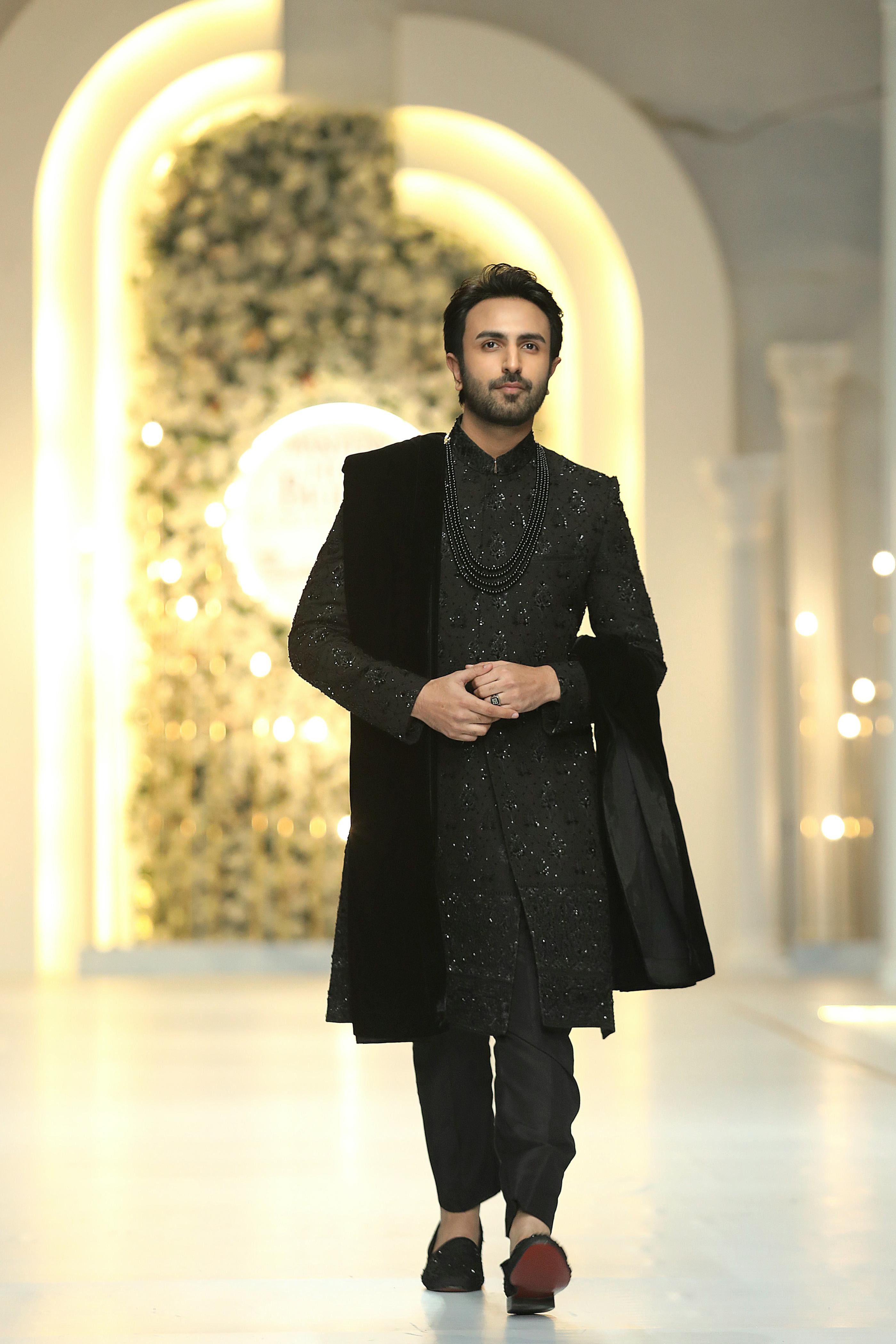 Black Cut Dana Silk-Blend Sherwani (3-Piece) - Image 10