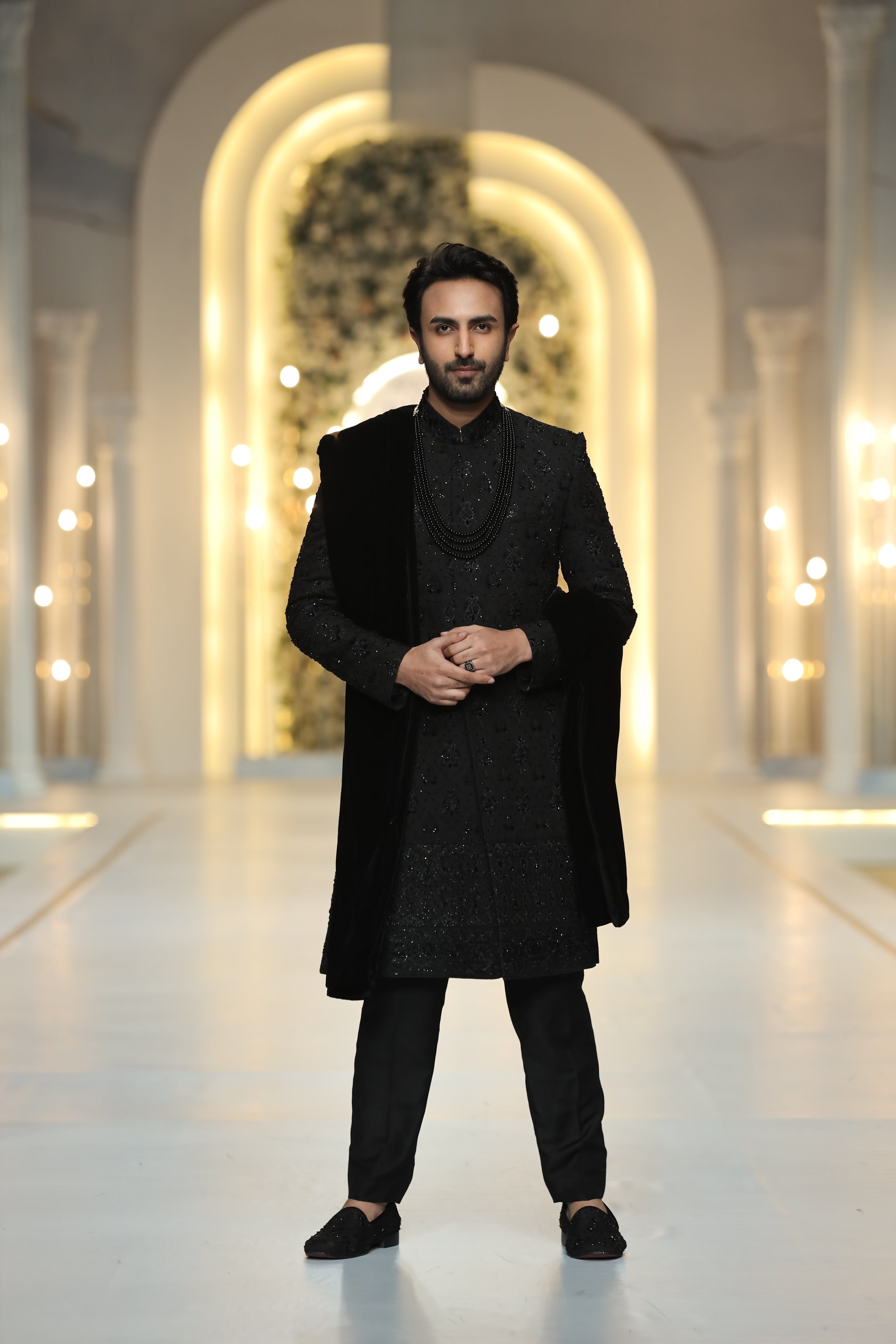 Black Cut Dana Silk-Blend Sherwani (3-Piece) - Image 2