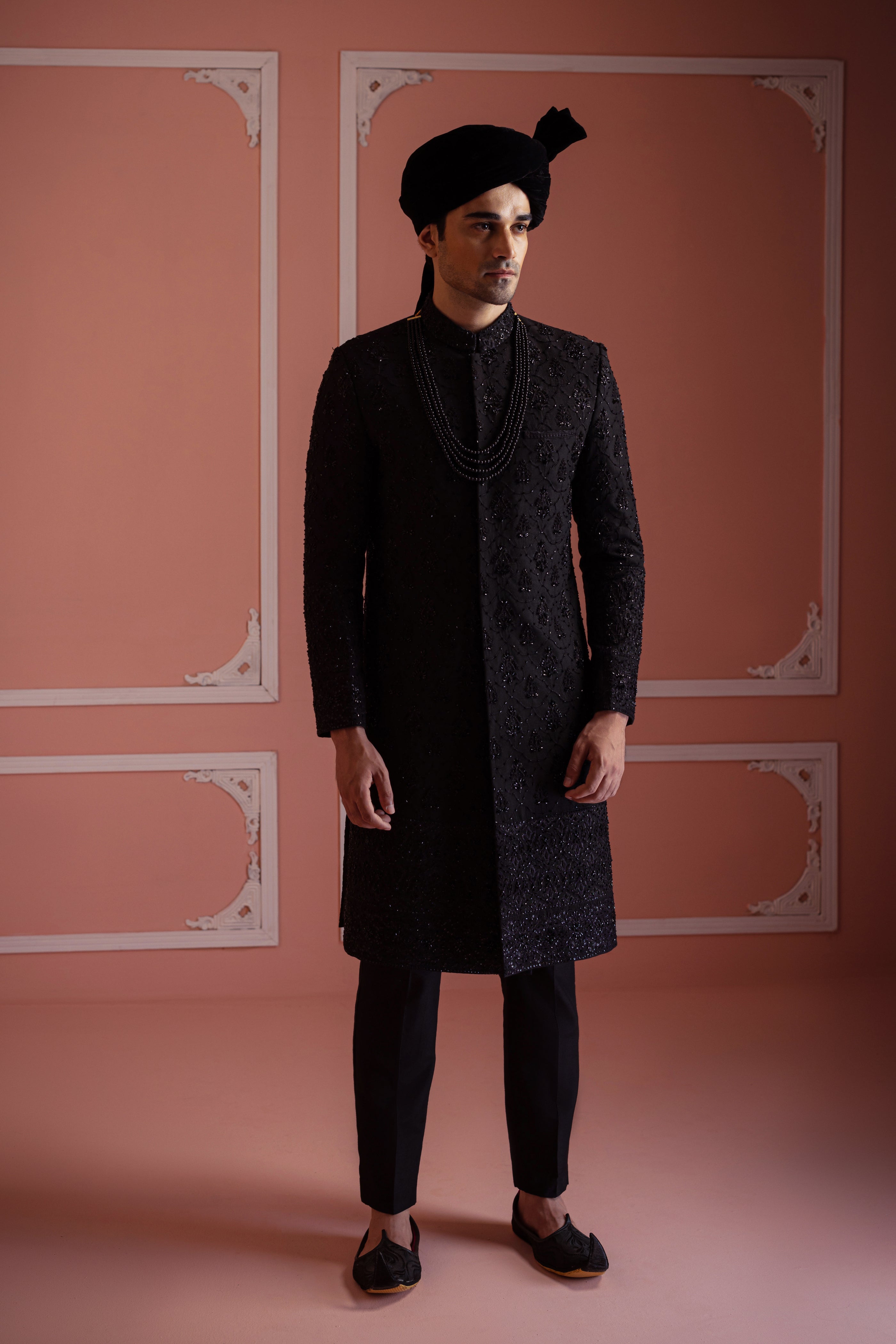 Black Cut Dana Silk-Blend Sherwani (3-Piece) - Image 3