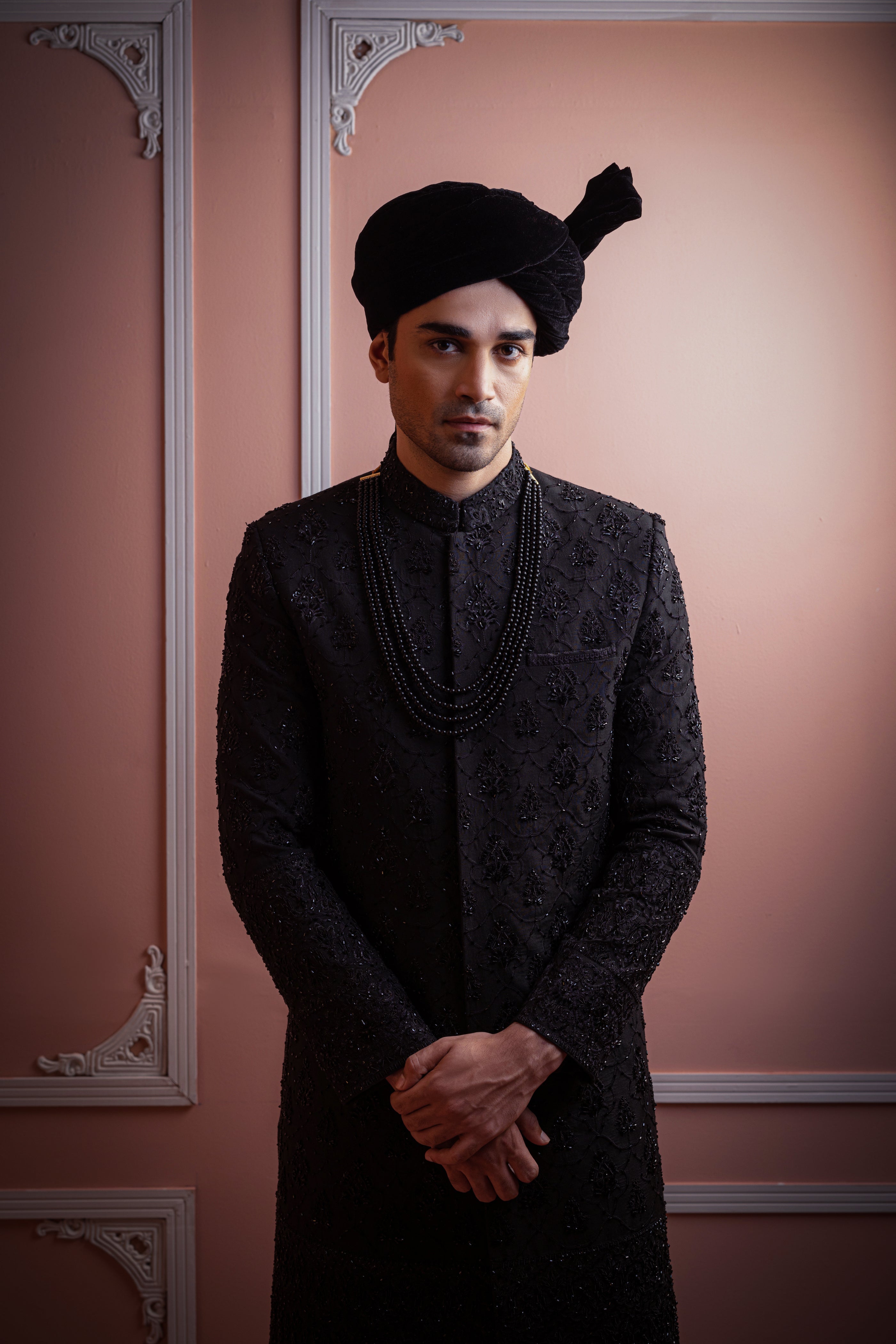 Black Cut Dana Silk-Blend Sherwani (3-Piece) - Image 5