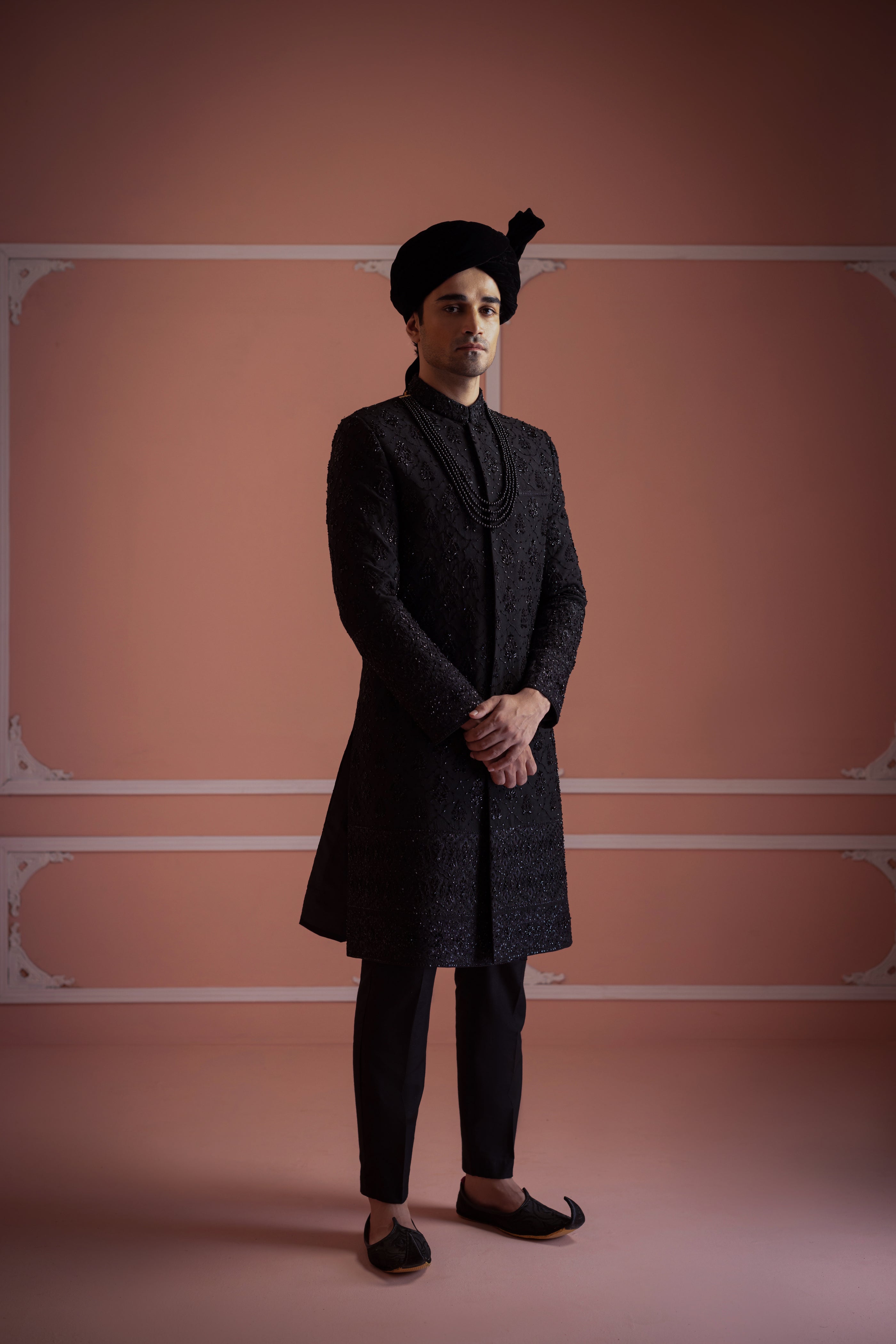 Black Cut Dana Silk-Blend Sherwani (3-Piece) - Image 8