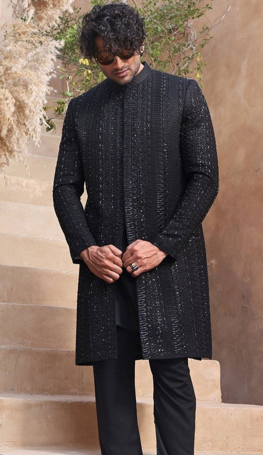 Black Embellished Silk-Blend Sherwani (2-Piece) - Image 2