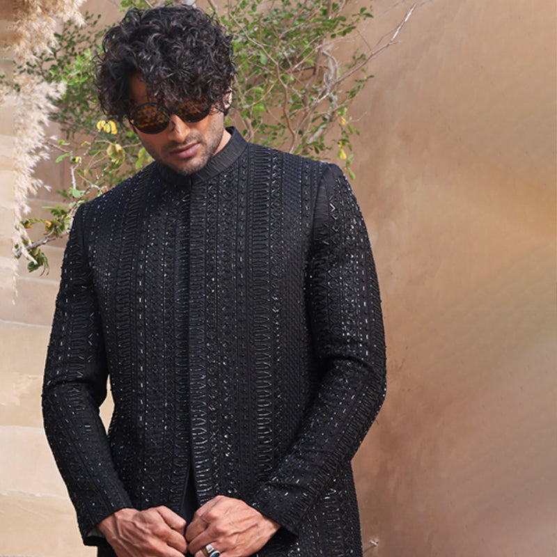 Black Embellished Silk-Blend Sherwani (2-Piece) - Image 4