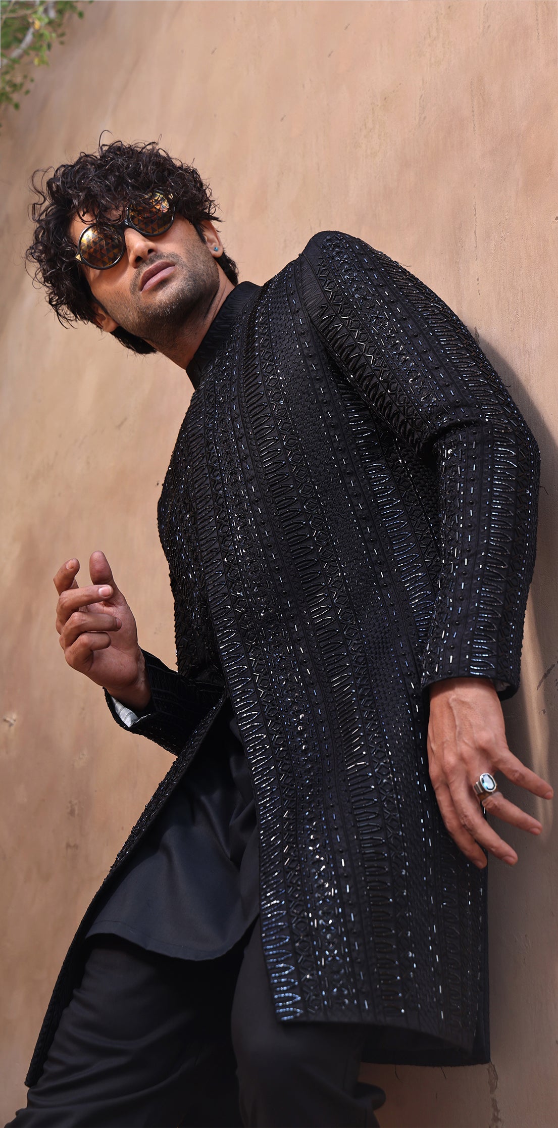 Black Embellished Silk-Blend Sherwani (2-Piece) - Image 5