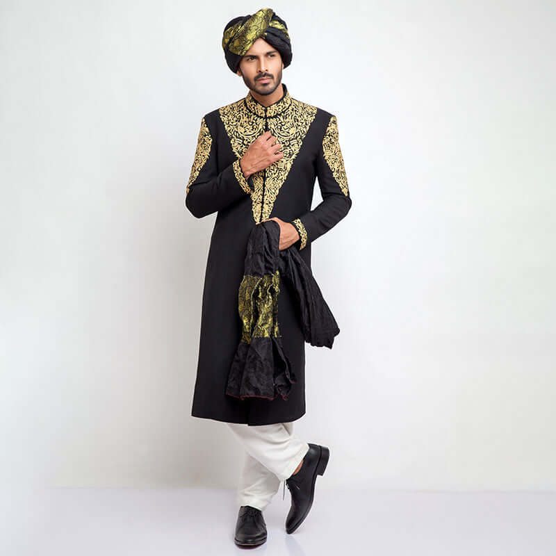 Jet Black Embroidered Silk-Blend Sherwani (3-Piece) - Image 1