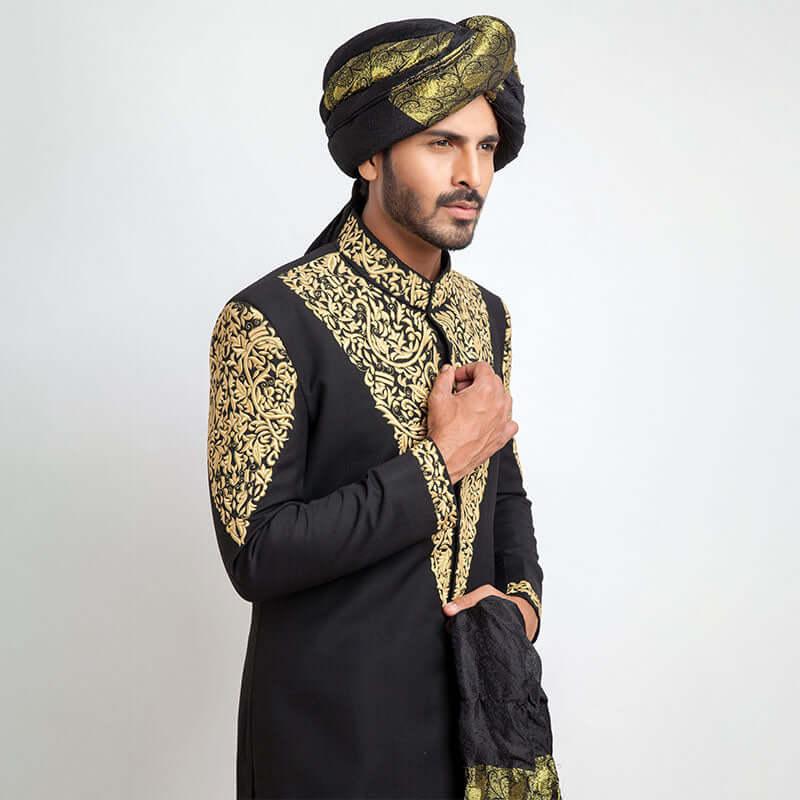 Jet Black Embroidered Silk-Blend Sherwani (3-Piece) - Image 2