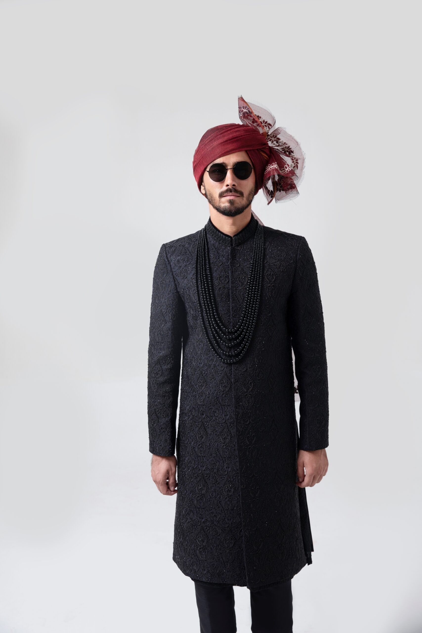 Black Embroidered Silk-Blend Sherwani (2-Piece) - Image 1