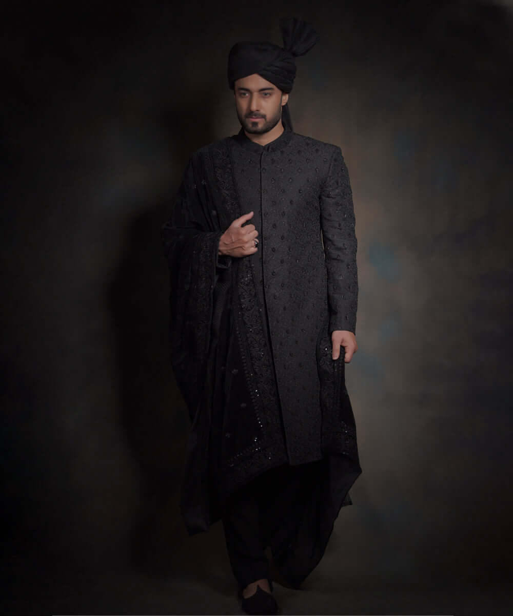 Jet Black Zardozi Embroidered Silk-Blend Sherwani (5-Piece) - Image 1
