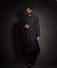 Jet Black Zardozi Embroidered Silk-Blend Sherwani (5-Piece) - Image 2