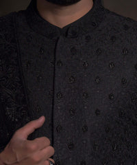 Jet Black Zardozi Embroidered Silk-Blend Sherwani (5-Piece) - Image 3