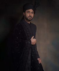 Jet Black Zardozi Embroidered Silk-Blend Sherwani (5-Piece) - Image 4