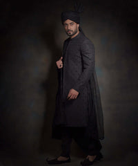 Jet Black Zardozi Embroidered Silk-Blend Sherwani (5-Piece) - Image 5