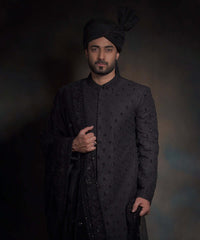 Jet Black Zardozi Embroidered Silk-Blend Sherwani (5-Piece) - Image 6
