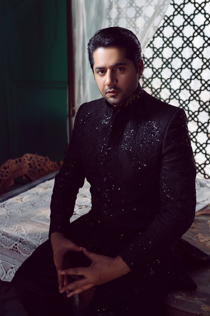 Black Embroidered Tropical Woven Sherwani (2-Piece) - Image 2