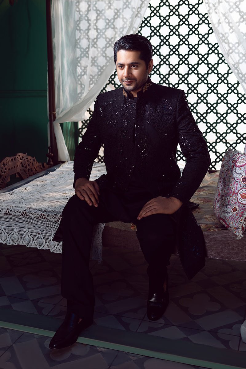 Black Embroidered Tropical Woven Sherwani (2-Piece) - Image 4