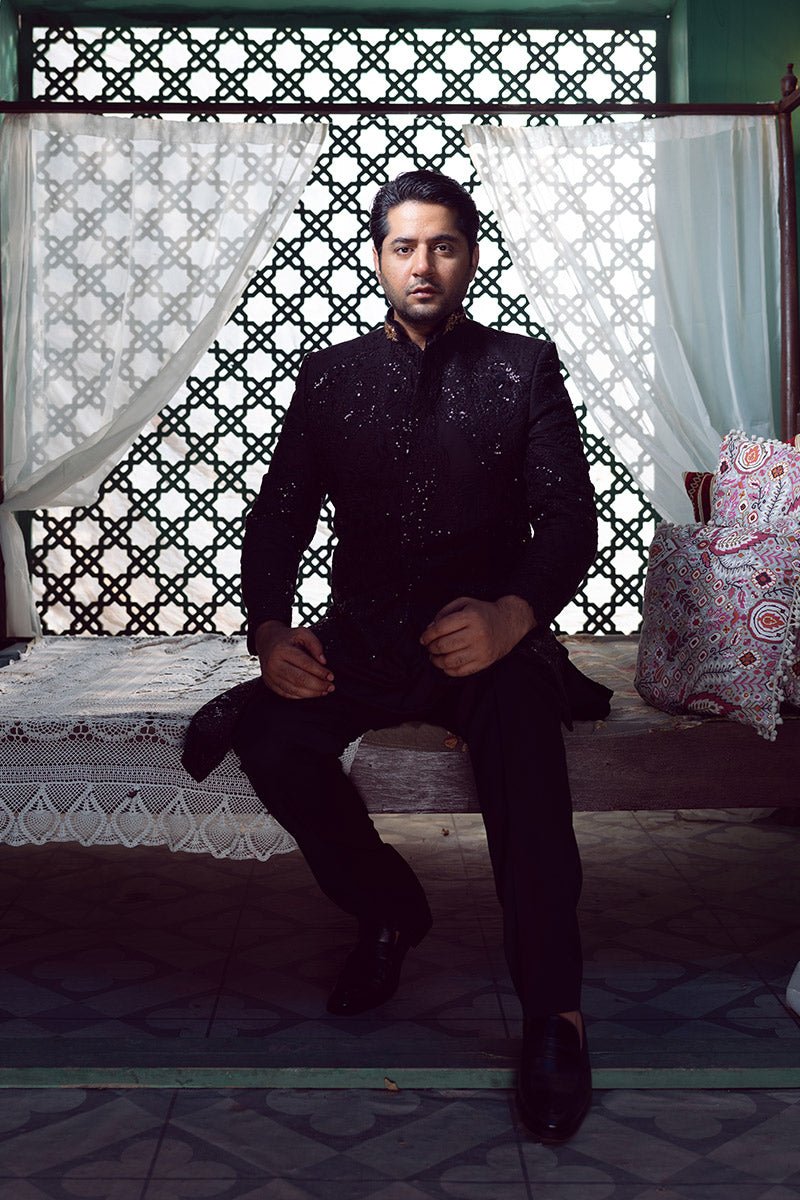 Black Embroidered Tropical Woven Sherwani (2-Piece) - Image 5
