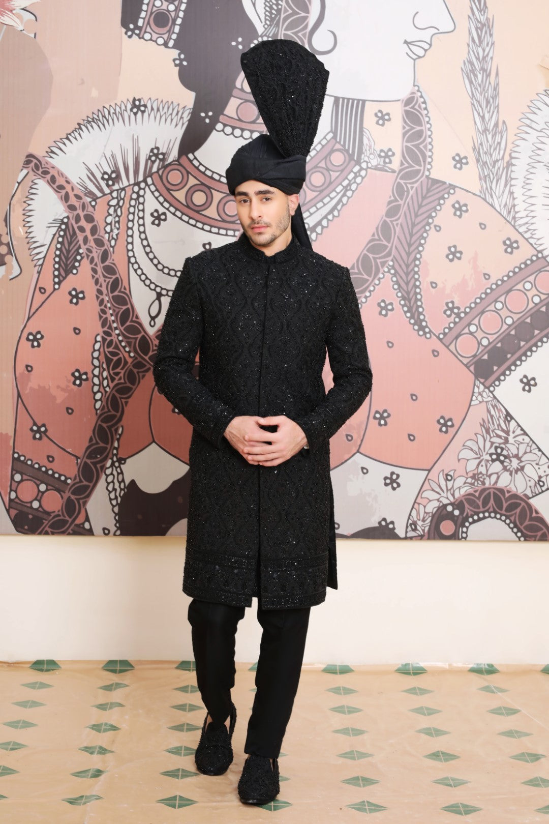 Black Ada & Kora Dabka Silk Sherwani (3-Piece) - Image 2